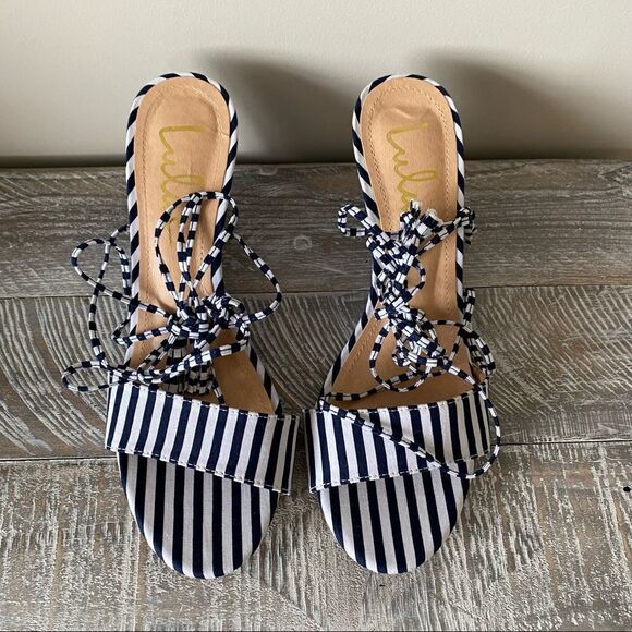 Nwob- LULU’S -Lindzee Blue Stripe Lace-Up Wedges (Size:7.5) - Picture 3 of 9